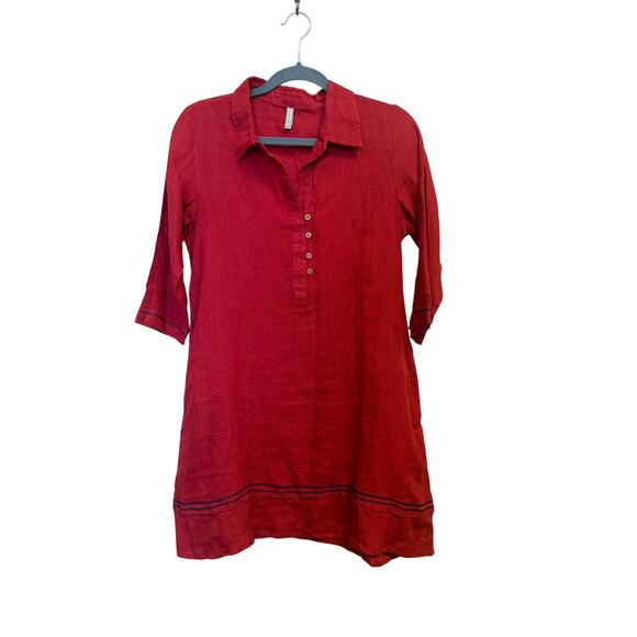 embelish Dresses & Skirts - embellish red 1/4 button neck 100% linen tunic dress womens x small